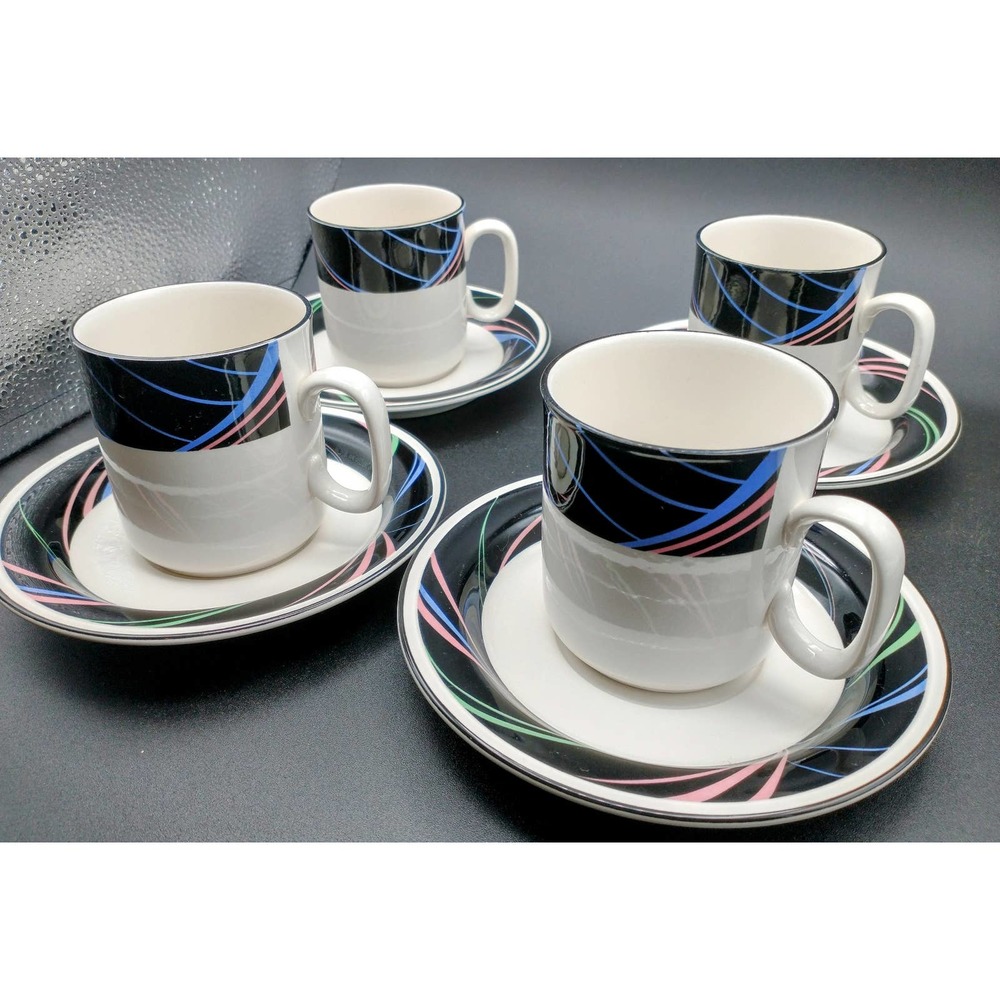 Vintage 80s Joan Luntz Sango Escapade Cup and Saucer set of 4 black pink blue